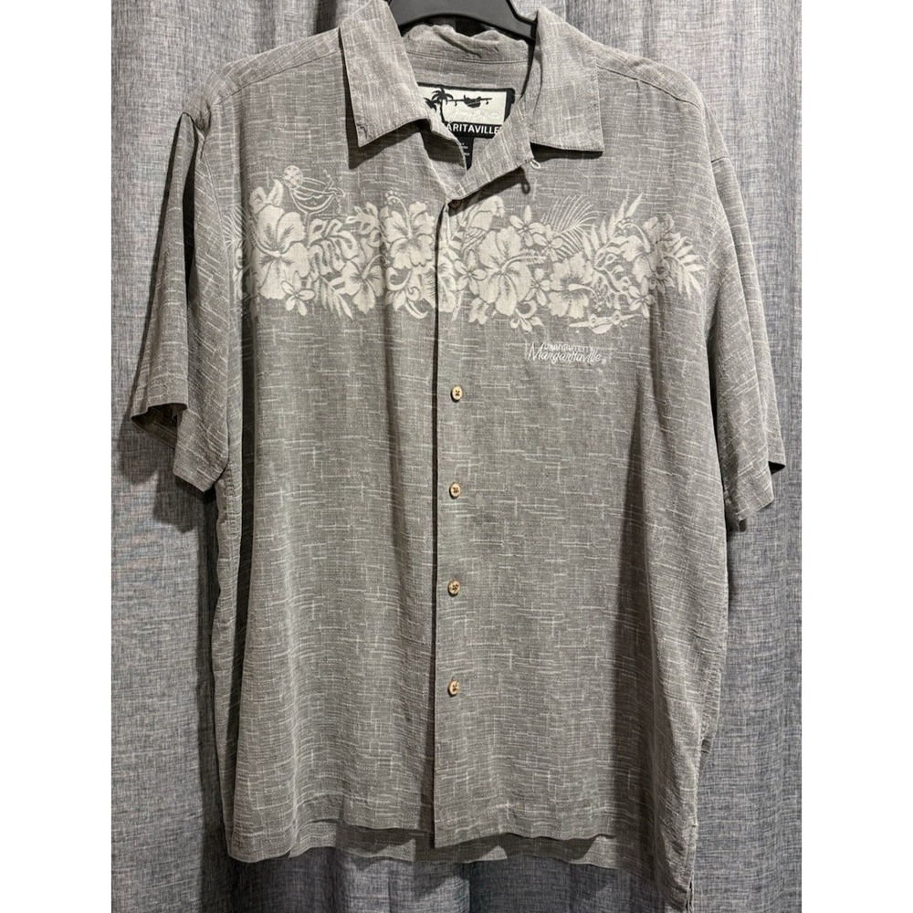 Margaritaville‎ Mens Size Medium 100% Silk Button Down Short Sleeve Shirt Gray